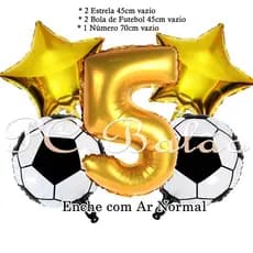 Kit 5 Balão Metalizado 2 Bola de Futebol 22cm + Número 40cm DOURADO + 2 Estrela 22cm DOURADO Festa