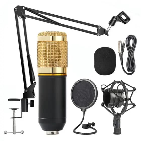 Microfone Condensador Com Fio Unidirecional Com Suporte Pop Filter Adaptador Tomate
