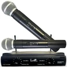 Microfone Duplo Com Receptor Sem Fio Dinâmico Profissional Uhf