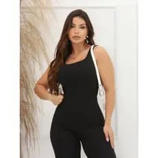 Macacão Feminino Canelado Justo Regata Moda Gringa BodySuit. Cor - Preto: Tamanho - P .