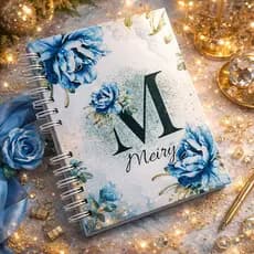 Caderno  de anotações A5 Floral Azul personalizado com inicial e nome