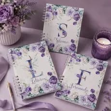 Caderno A5 Floral personalizado com inicial e nome VIOLETA feminino  presente