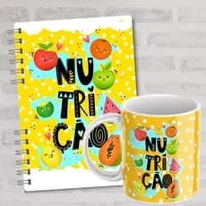 Caderno + Caneca Nutrição Capa Dura Tamanho A5 Personalizado 100 Folhas - 200 Páginas Escolar