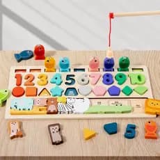 Tabuleiro Educativo Montessori 3 em 1 – Números, Formas, Animais e Pescaria Magnética