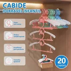 Kit 20 Cabides Infantil Ajustável 7 Níveis Extensível Antideslizante Antivento Empilhável