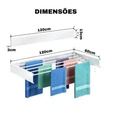 Varal Mágico Retrátil 120cm 7 Varetas Branco Embutido 25 KG Suporte Praticidade Roupa Lavanderia