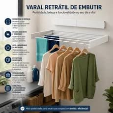 Varal de Parede Mágico Retrátil Branco 60/70/80/90/100/120 cm Embutir Dobrável Grande Ajustável