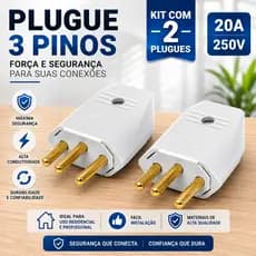 Kit 2 Plugues Macho 3 Pinos 20A 250V Branco Padrão Brasileiro, Alta Qualidade Instalações Elétricas