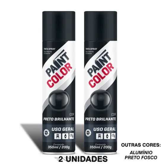 2 Tinta Spray de Uso Geral Paintcolor 350ml Preto Brilhante / Preto Fosco / Alumínio - 2 Unidades