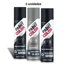 3 Tinta Spray de Uso Geral Paintcolor 350ml Preto Brilhante / Preto Fosco / Alumínio - 3 Unidades