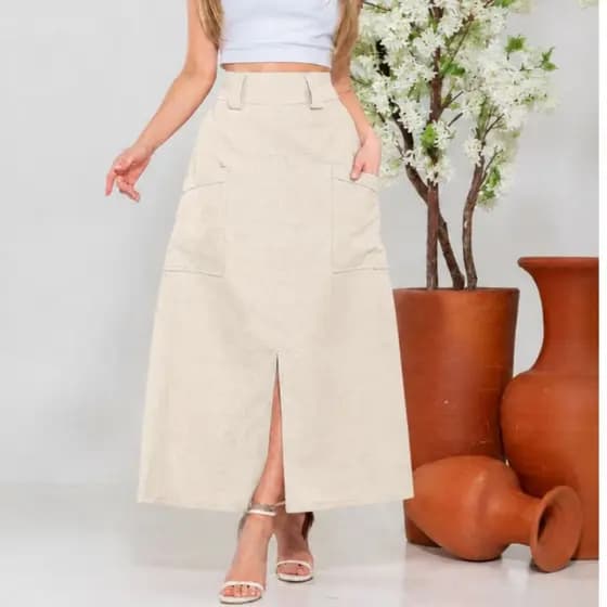 Saia Longa Cintura Alta Linho Forrada Com Bolsos Tendência P ao GG Promoção