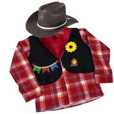 Roupa Caipira De Festa Junina Camisa Infantil Menino Manga Longa Outono Inverno Com Colete Junino E Chapéu Temático