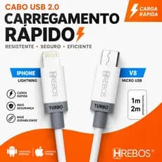 Cabo de Iphone ou Android Carregador Turbo Hrebos Lightning ou V8  USB  com 1 ou 2 Metros