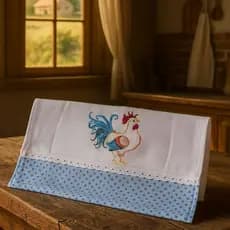 Pano de Prato Bordado Galo com Barrado Toalha de Cozinha Copa Produto 100% algodão 40x70cm artesanal