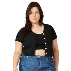 Blusa Bolero Cropped Plus Size Feminina Tricot Botão Verão
