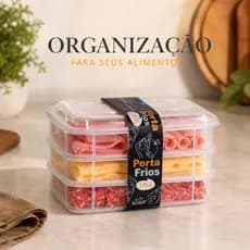 Pote Porta Frios Triplo Hermético Transparente com Tampa Empilhável Organizador de Geladeira BPA Free Presunto Queijo
