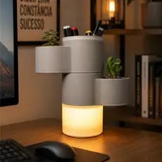 Organizador de Mesa Luminária LED USB com Porta Canetas e Vasos para Plantas | Organizador Decorativo Home Office
