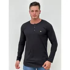 Camisa masculina longline,manga longa gola Henley, camisa manga longa