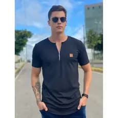 Camisas longline masculina, com zíper em cores vibrantes em malha canelada, camiseta longline masculina