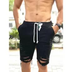 Bermuda jogger jeans Destroyer, bermuda jogger masculina, bermuda preta, Jeans colorida rasgadinha
