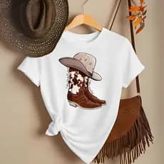 Camiseta T Shirt Feminina 100% Algodão Country Bota Chapéu Roça Boiadeira Rodeio Tecido Premium