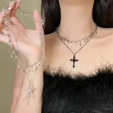 Moda Doce Cruz Pingente Colar , Feminino Vintage Requintado Dupla Camada Clavícula Corrente Uso Diário Presentes Do Fest