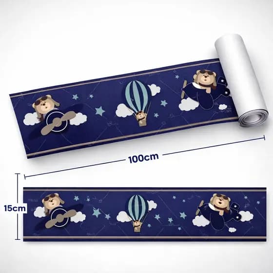 Faixa Decorativo Adesivo de Parede Ursinho Aviador Balão Quarto Bebê