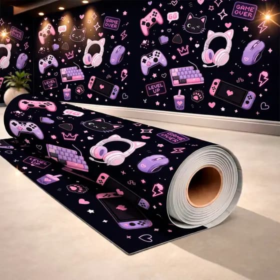 Papel Adesivo de Parede Para Quarto Menina Jovem Gamer Games Rosa Preto Lilas