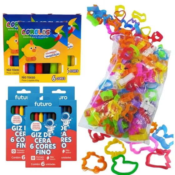 Kit 15 Massinhas Modelar 15 Giz De Cera 100 Cortadores Infantil Escolar Criativo Colorir Brincadeira
