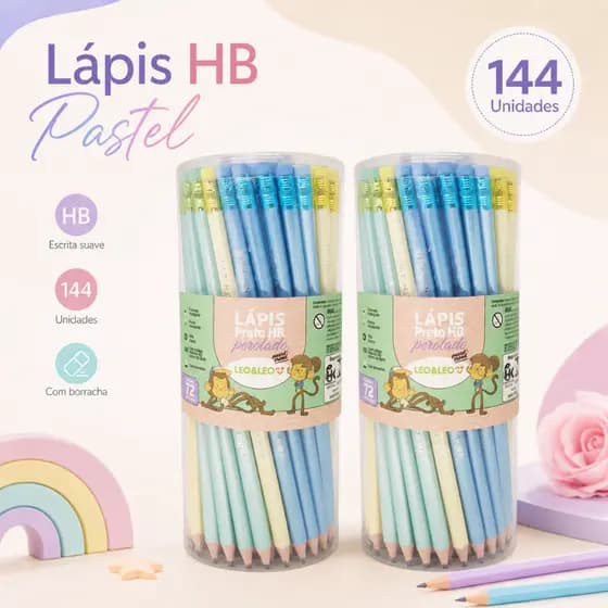 Kit 144 Lápis HB com Borracha Corpo Pastel Escolar Atacado Papelaria Escrita Desenho