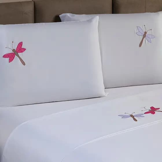 Jogo de Cama Bordado Libélula Queen 4 Peças Elegante Macio Conforto Luxo Enxoval Cama Casal Queen
