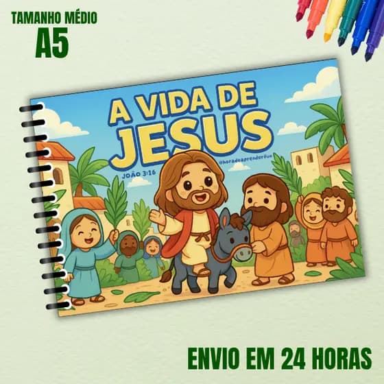 LIVRO DE COLORIR - A VIDA DE JESUS (A5) | 31 ILUSTRAÇÕES + PLÁSTICO PARA NÃO MANCHAR