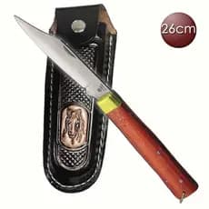 Canivete Trevo Churrasqueiro Extra Grande 26cm Aço Inox Cabo Madeira + Bainha em Couro Legítimo