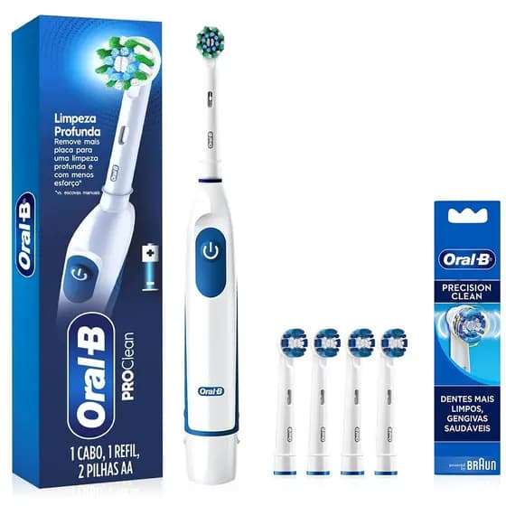 Escova Dental Eletrica Pro Saude Power Pro Clean + 2 Pilhas + 4 Refis Precision Clean Oral-b