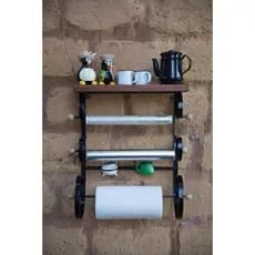 Suporte Triplo madeira e ferro Porta Rolo Papel de Toalha Laminado Filme Parede cozinha gourmet casa lanchonete sitio