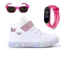 Kit Tenis Feminino Infantil Botinha Borboleta De Led Meninas Cano Alto+Óculos+ Relógio, Confortável