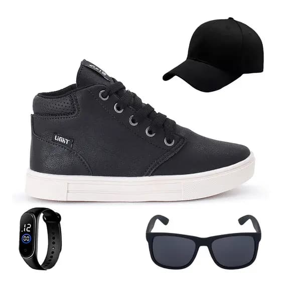 Tenis Botinha Infantil Meninos Casual Cano Alto Confortavel + Bone Oculos Relogio