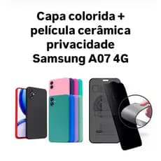 Kit 2x1 Samsung Galaxy A07 4G- Capa Silicone aveludada colorida + Película CERÂMICA PRIVACIDADE 9D