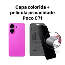Kit 2x1 Xiaomi Poco C71- Capa Silicone aveludada colorida + Película CERÂMICA PRIVACIDADE 9D