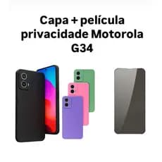 Kit 2X1 Moto G34 - Capa Silicone Aveludada Colorida + Película CERÂMICA PRIVACIDADE 9D