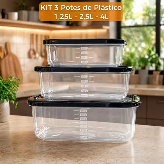 Kit 3 Potes Herméticos de Plástico com Tampa Livre de BPA Reutilizáveis Transparente