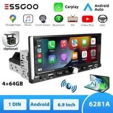 ESSGOO 4+64GB Carplay Android Auto Tela IPS de 6,9 ​​polegadas Central Multimídia 1 Din MP5 com Suporte a ASP WiFi GPS