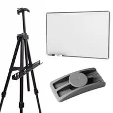 Quadro branco 70x50 cm moldura de aluminio + tripe metalico retratil + apagador e 2 marcadores - Stalo