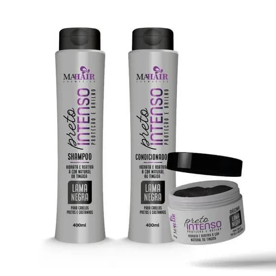 Matizador para cabelo preto Kit Capilar Preto Intenso - Mahair - Shampoo + Condicionador + Máscara
