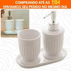 Conjunto Banheiro 3 Peças Greece Branco Porta Sabonete Liquido Escova Saboneteira Luxo Sofisticado