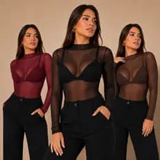 Body Feminino Tule Liso Preto Manga Longa Gola Alta Inverno Festa Balada Tendência