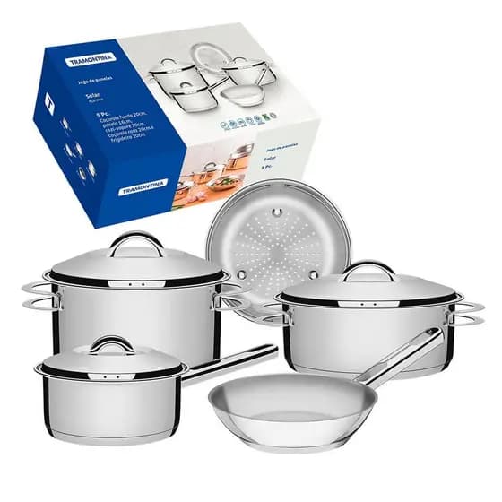 Jogo de Panelas Tramontina Solar em Aço Inox com Fundo Triplo e Tampas de Inox 5 Peças 65510780