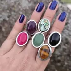 Anel com Pedras Naturais em Aço Inoxidável  Olho de Tigre Ametista Abalone Ágata Aventurine Oval 13x18mm