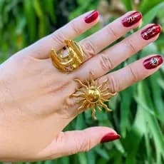 Anel Feminino Aço Inoxidável Dourado Maximalista Ajustável