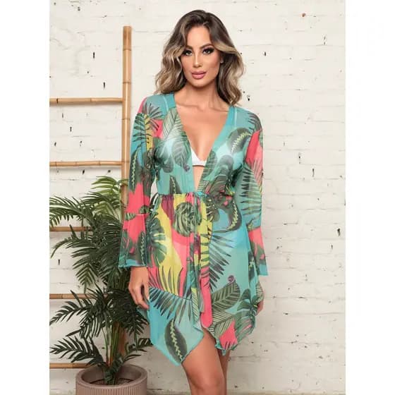 Saída De Praia Chemise Tule Estampado Manga Longa Com Regulador